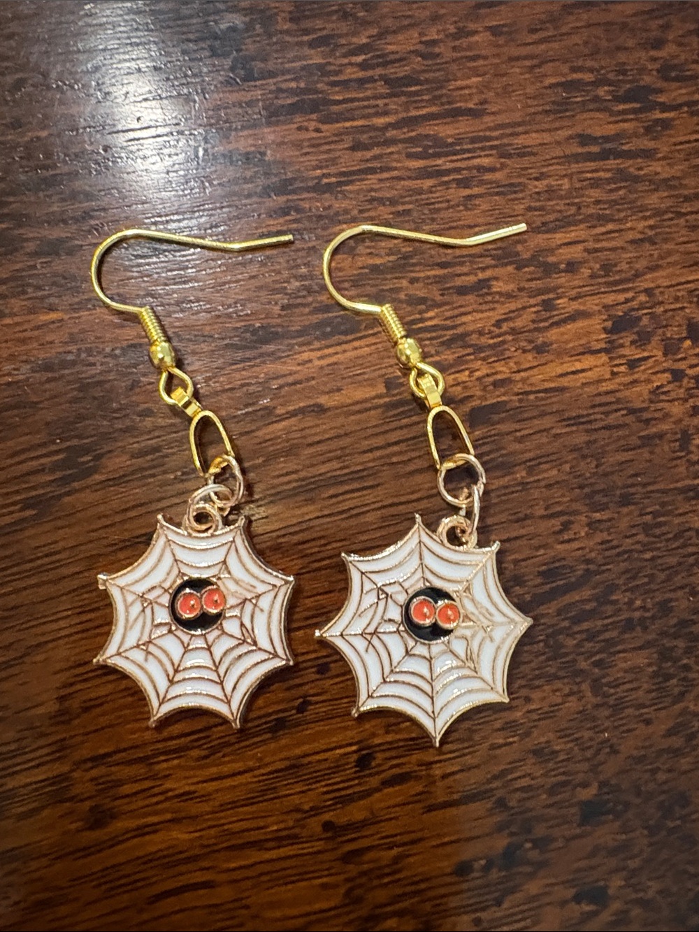 Gold Spiderweb Dangle Earrings with Orange Accent -NWOT